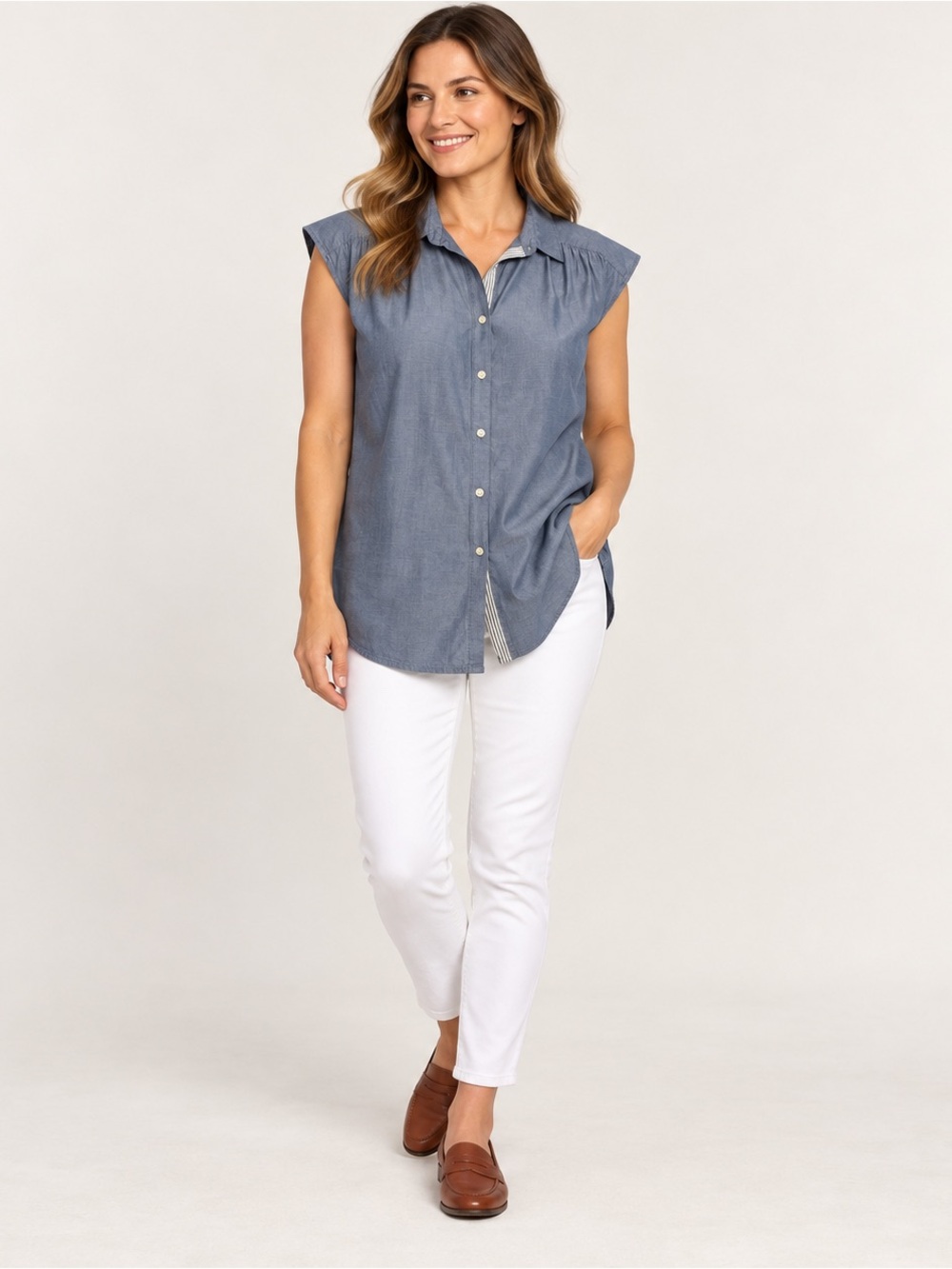 LOFT Chambray Sleeveless Button-Down Top in Light Blue